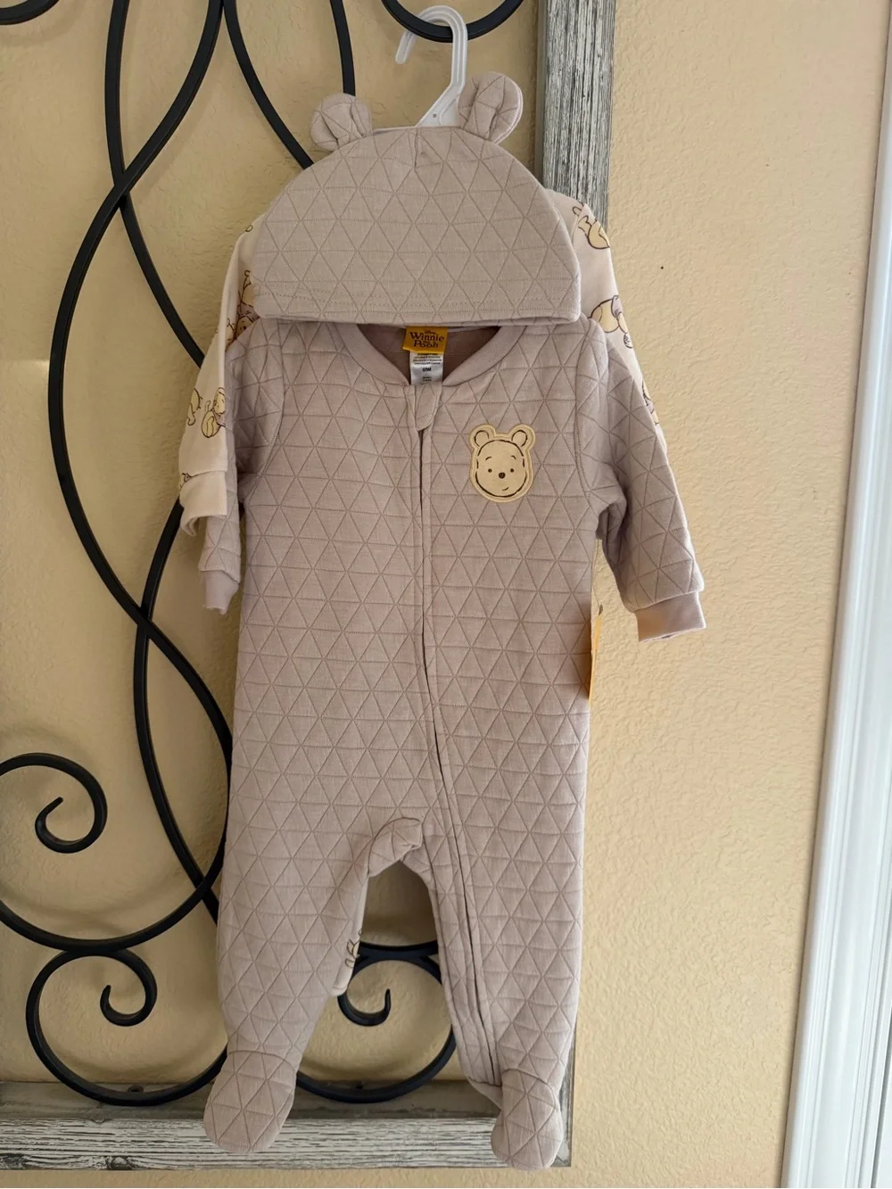 Winnie the Pooh Beige Quilted Baby two-Piece with Bear Hood.